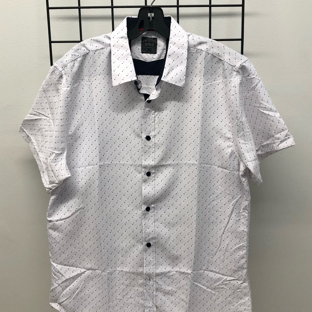Deniko button front shirt white blue specks casual
